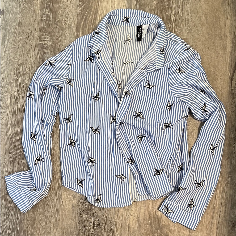 H&M Blue and White Striped Blouse with Bird Pattern